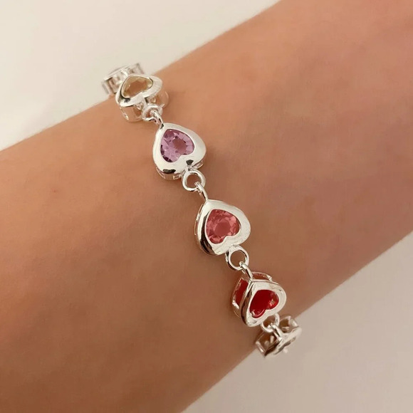 925 Sterling Silver Colorful Gems Heart Charm Bracelet Dainty Heart Bracelet - Picture 1 of 5